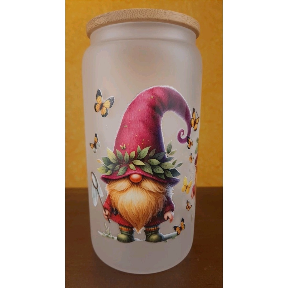 Gnomes Summer Catching Butterflies 12oz Frosted Glass Tumbler With Straw